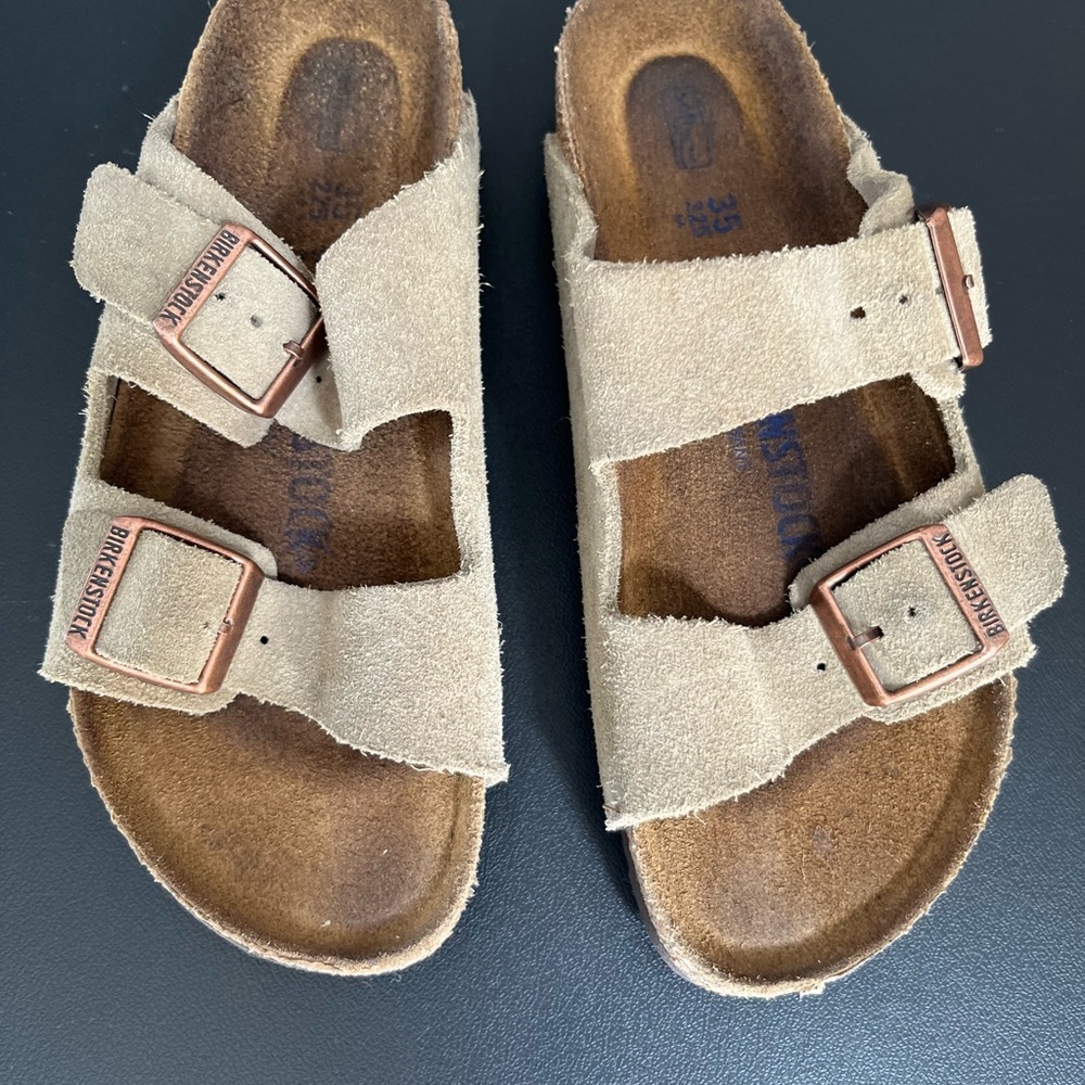 Birkenstock women’s Beige Suede Two-Strap Sandals with Copper Buckles